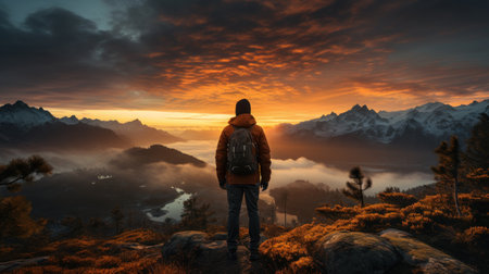 Hiker standing on the edge of a mountain and looking at the sunriseの素材