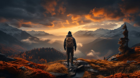 Hiker in the mountains at sunset.の素材