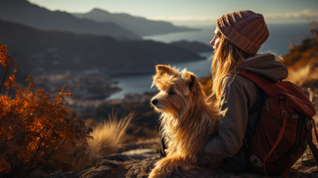 Young woman with a dog in the mountains at sunset. Traveling with pet.の素材