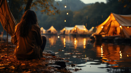 Young woman sitting in front of a tent on the river bank at nightの素材