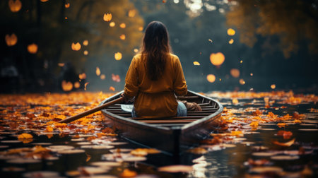 Young woman sitting in a boat on a lake surrounded by autumn leavesの素材