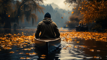 Autumn scene with a man in a boat on a lake.の素材