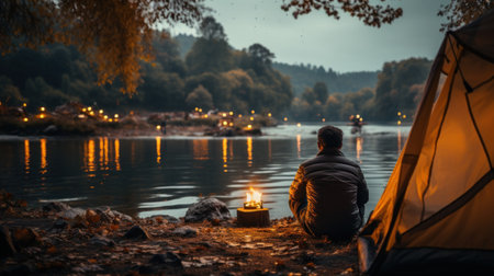 Man sitting near the tent on the bank of the river and enjoying the viewの素材