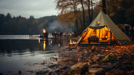 Camping on the shore of a lake. Camping on the shore.の素材