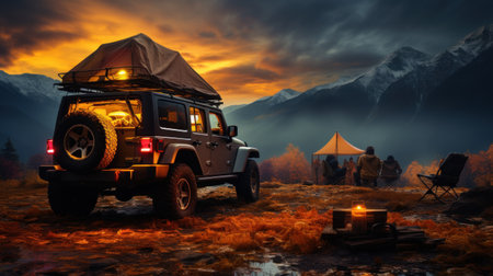 Camping in the mountains at sunset. The concept of travel and adventure.の素材