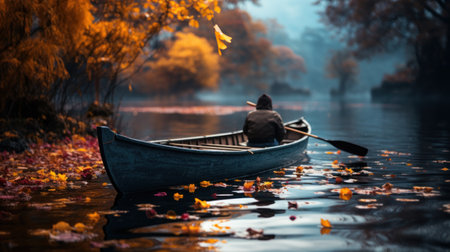 Fisherman in a boat on the lake with autumn leaves.の素材