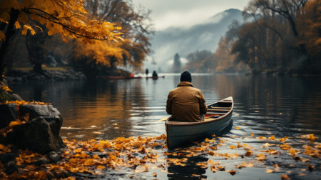 Man in a boat on the lake with autumn leaves and fog.の素材