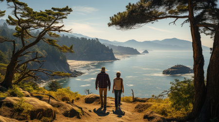 Couple standing on the edge of a cliff and looking at the seaの素材
