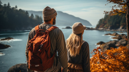 Back view of young couple with backpacks standing on the shore of Lake Baikal in autumnの素材