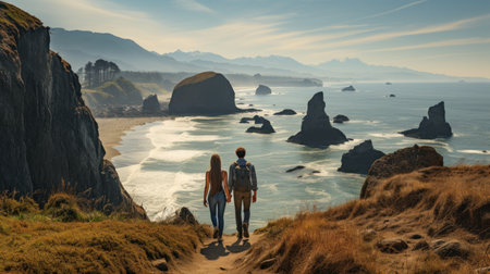 Couple walking on the beach at sunset in California, USA.の素材