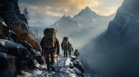Hikers on the trail in Himalayas, Annapurna Circuit Trek, Nepalの素材