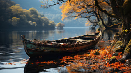 Old wooden boat on the lake at autumn time. Beautiful autumn landscape.の素材