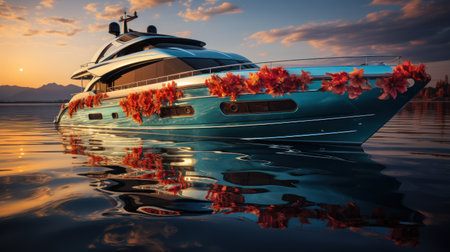 Luxury yacht with flowers in the water on sunset background.の素材