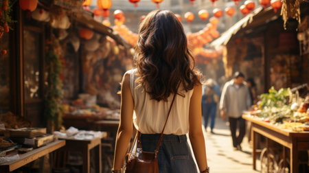 Young asian woman walking in the street market. Travel and leisure concept.の素材