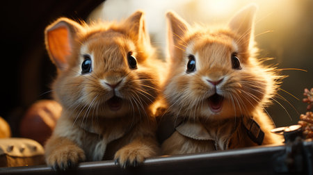 Rabbits in the light of the sun. Easter background.の素材