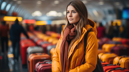 Beautiful young woman in yellow coat and red scarf with luggage in airportの素材