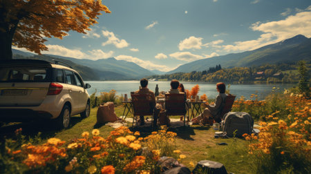 Couple sitting by the lake in the mountains and enjoying the viewの素材