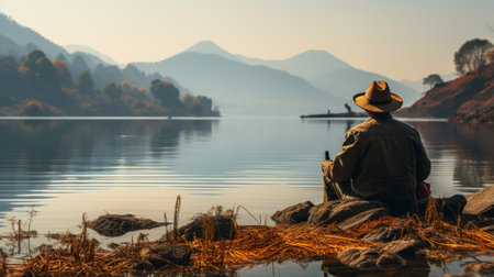 Fisherman sitting on the shore of a lake with mountains in the backgroundの素材