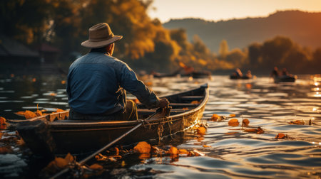 Man fishing in a boat on the river in autumn at sunset.の素材