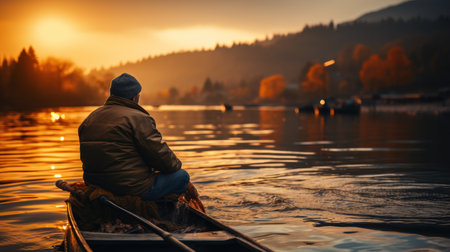 Fisherman in a boat on the lake at sunset. Autumn landscapeの素材