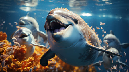 Funny sharks swimming in the ocean.の素材