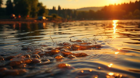 Sunset on the lake in summer. The sun is reflected in the water.の素材