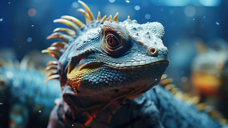Portrait of a blue iguana on a dark background. Close-up.の素材
