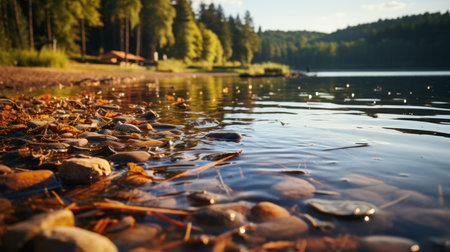 Autumn landscape. Lake in the forest. Fallen leaves on the lake.の素材
