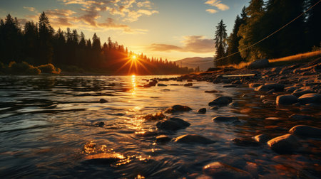 Sunset over the mountain river in the Altai Republic, Russiaの素材