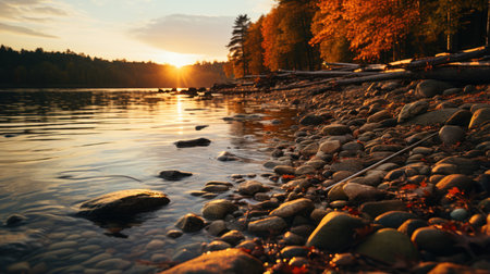 Sunset over the lake. Beautiful autumn landscape with river and forest.の素材