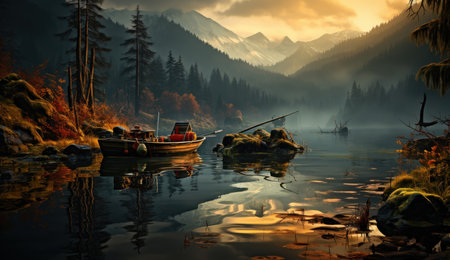 Fishing boat on the lake in the mountains. Colorful autumn landscape.の素材