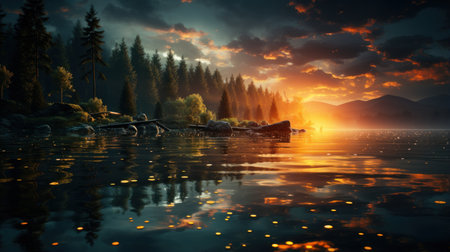 Fantasy landscape with a wooden boat in the lakeの素材