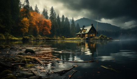 Beautiful autumn landscape. Wooden house on the shore of a lake.の素材