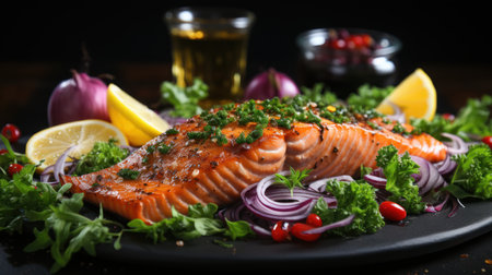 Salmon fillet with red onion and parsley on black plateの素材
