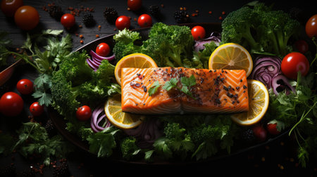 Salmon fillet with lemon and vegetables on a black background.の素材