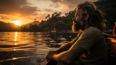 Handsome man in a boat on the river at sunset.の素材