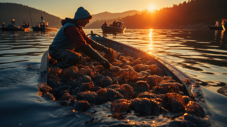 Fishermen are catching fish in a boat at sunset on the lake Baikal.の素材