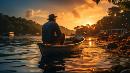 Fisherman in a boat on the sea at sunset. Fishingの素材