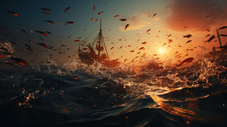 Pirate ship in the sea at sunset.の素材