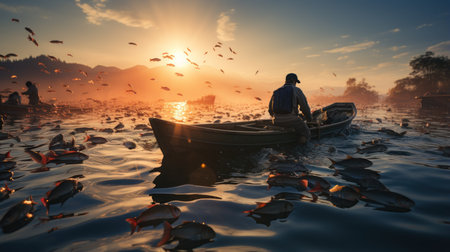 Fisherman in a boat on the lake at sunset, Thailandの素材