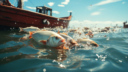 Fishing concept. Fish caught in the sea on fishing boat.の素材