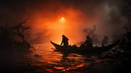 Fisherman in a boat on the lake at sunset with foggy backgroundの素材