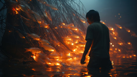 A man standing in the middle of the water and watching fish.の素材