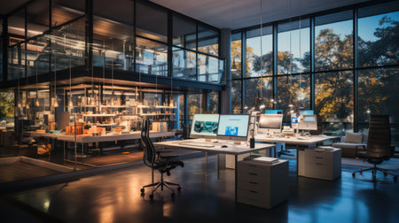 Interior of modern office with computers and glass wallの素材