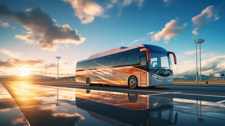 Bus on the road in the city at sunset. 3d rendering