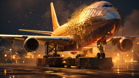Airplane on the background of the night cityの素材