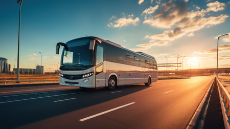 Bus on the highway at sunset. Traveling by bus conceptの素材