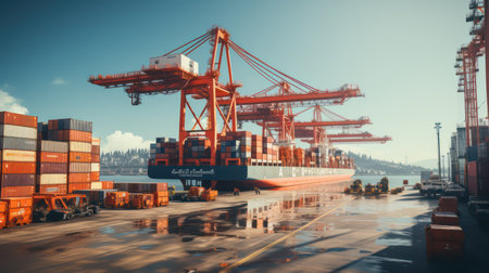 Container Cargo freight ship with working crane bridge in shipyard for Logistic Import Export backgroundの素材