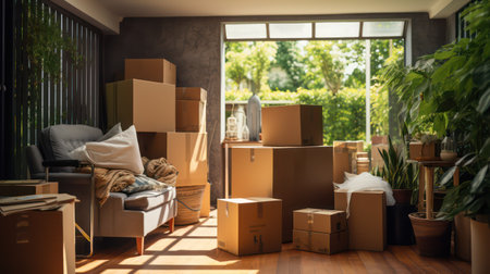Moving boxes in new house. Moving day conceptの素材