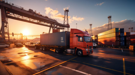 Truck and container in port at sunset. Cargo freight transportationの素材